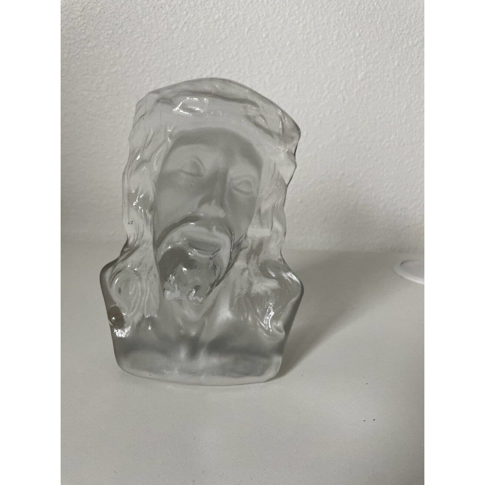 Vintage Viking Clear Glass Jesus Christ Book End Paperweight 6 by 5 inches